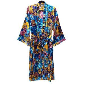 Dora C. Robe Kimono, Size Medium, Colorful Print Dragons Flowers Pockets Sash